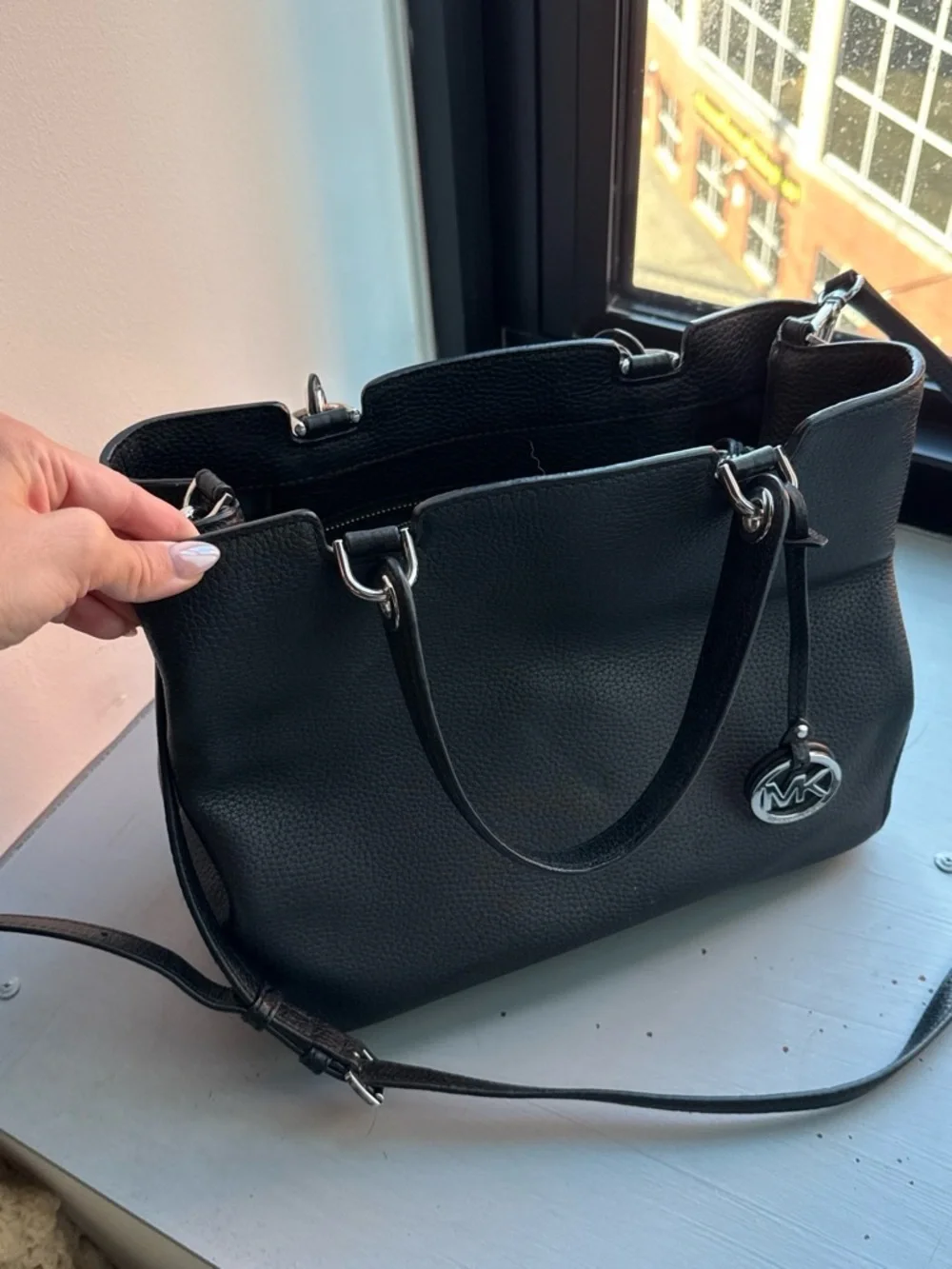 Michael Kors Black Pebbled Leather Shoulder Tote with MK Charm